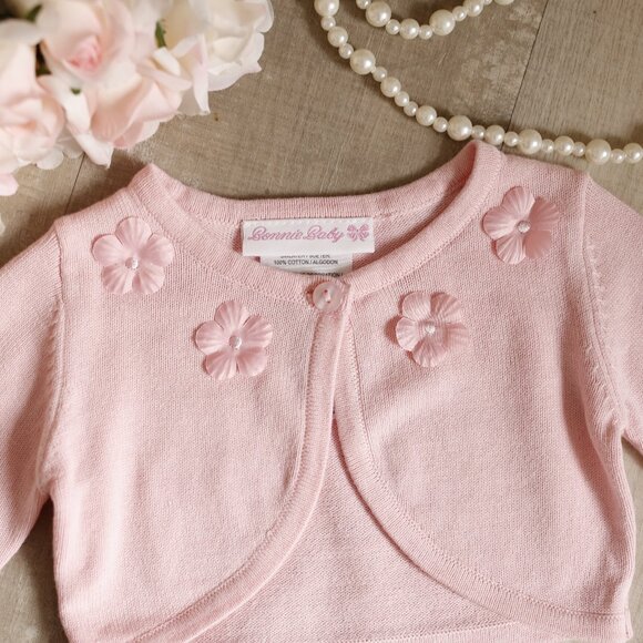 100% Cotton Pink Sweater Cardigan Shrug Bolero Floral Appliqués Embroidery NWT - Picture 2 of 3
